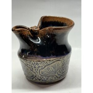 VINTAGE, Art Pottery Lotus creamer/PITCHER Artist Signed Brown Rust Glaze